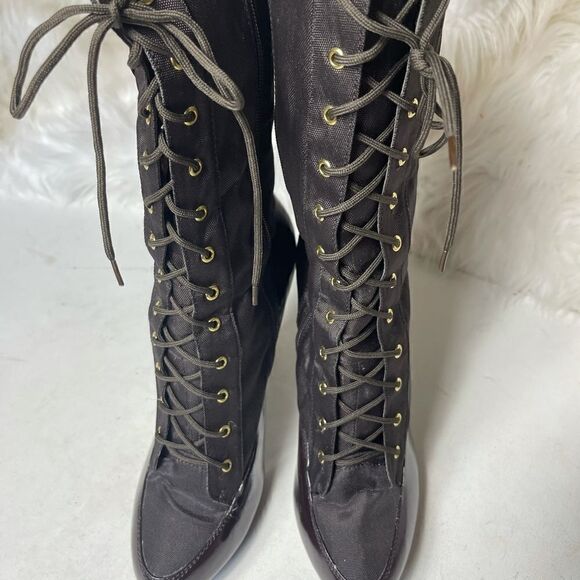 Herstyle brown lace up boots heels nylon and faux leather size 10 - Picture 3 of 12